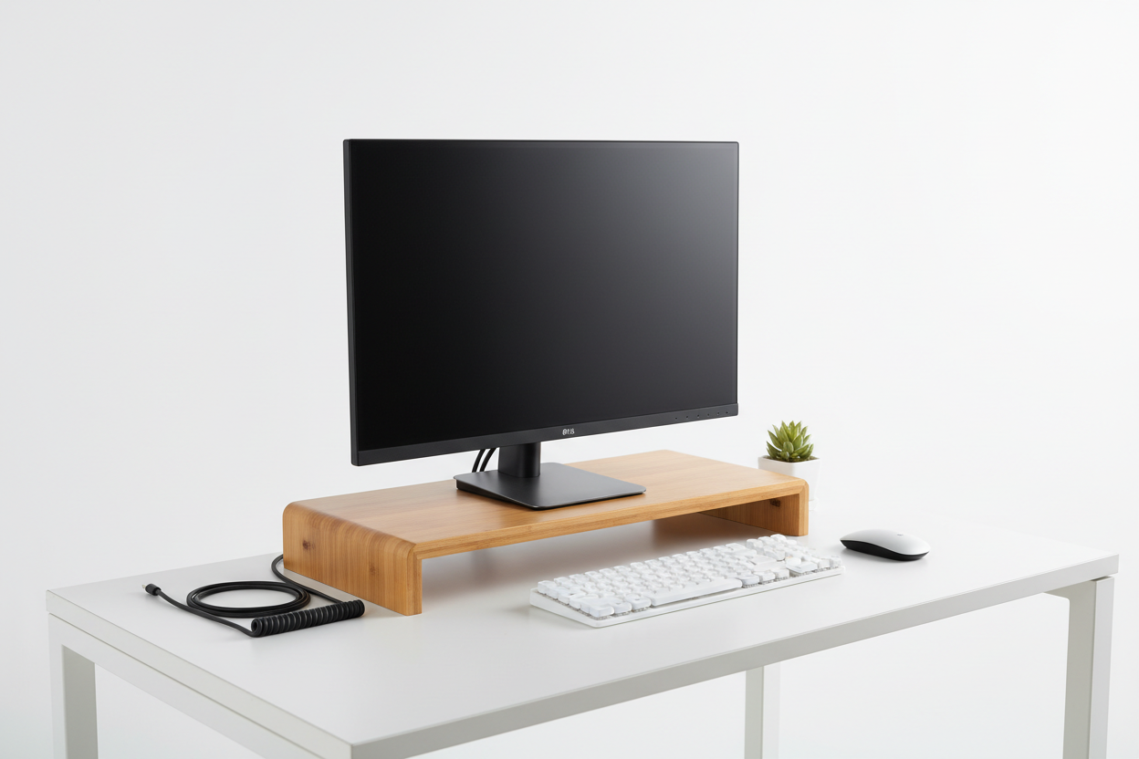 Bamboo Desktop Monitor Stand Riser — Ergonomic Desk Shelf with Storage | Natural Wood Finish
