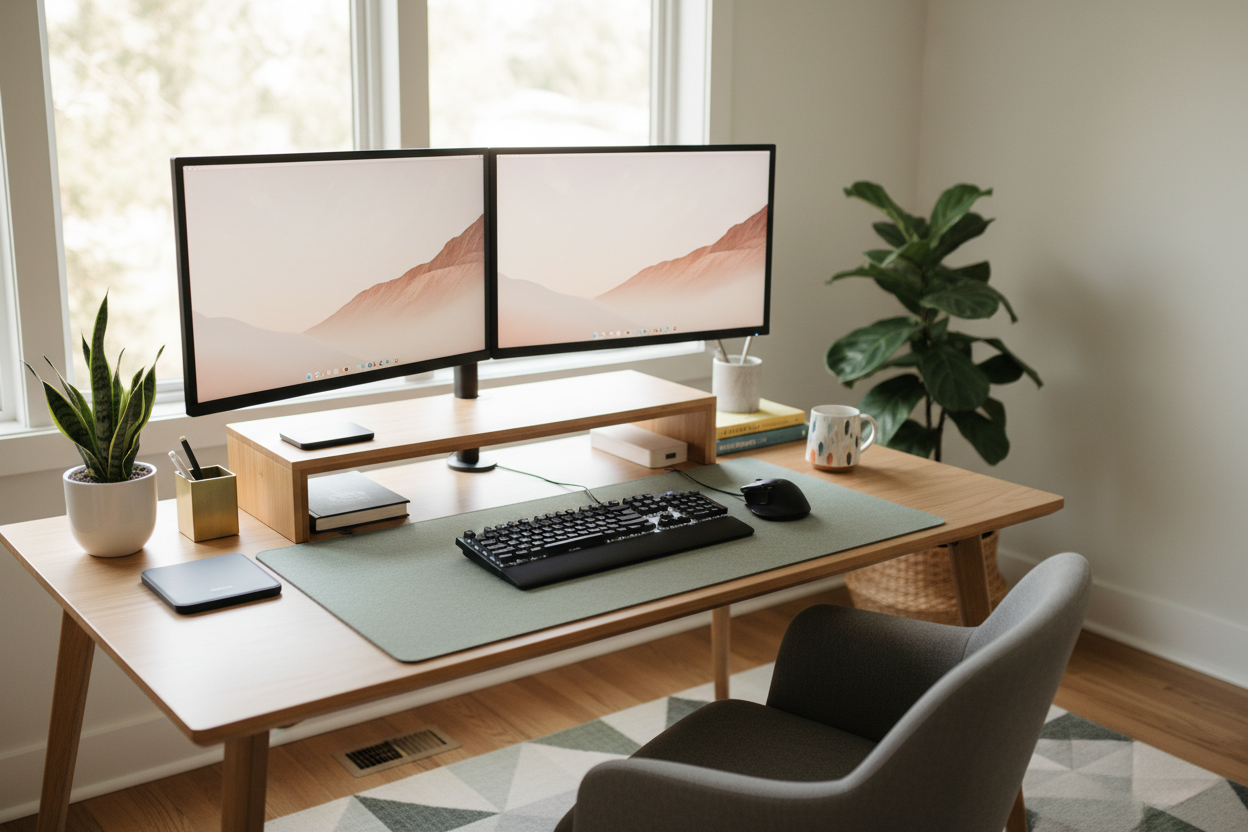 Bamboo Desktop Monitor Stand Riser — Ergonomic Desk Shelf with Storage | Natural Wood Finish