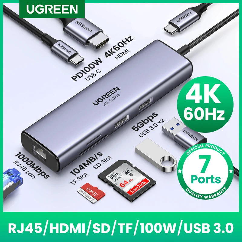 USB-C Hub 7-in-1 — 4K HDMI | 100W Power Delivery | SD Card | 3x USB